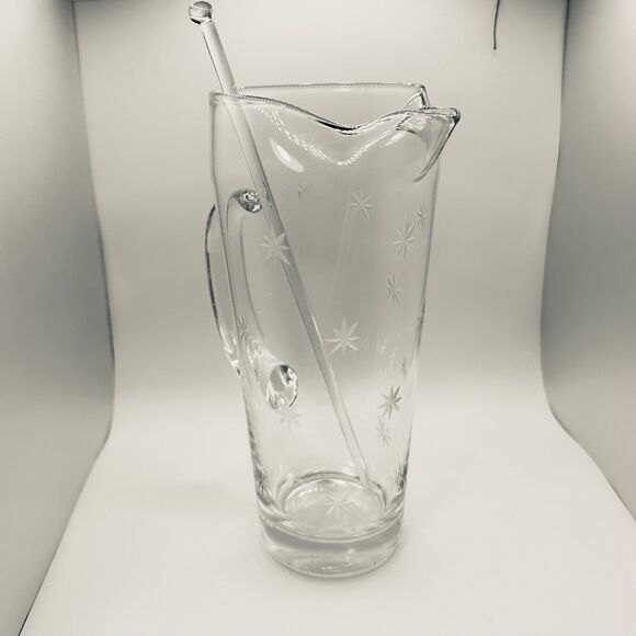 Vintage Mid Century Etched Glass Martini/ Cocktail Pitcher With Stir Stick - Picture 5 of 10